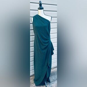 Xscape One-Shoulder Teal Sparkle Maxi Dress